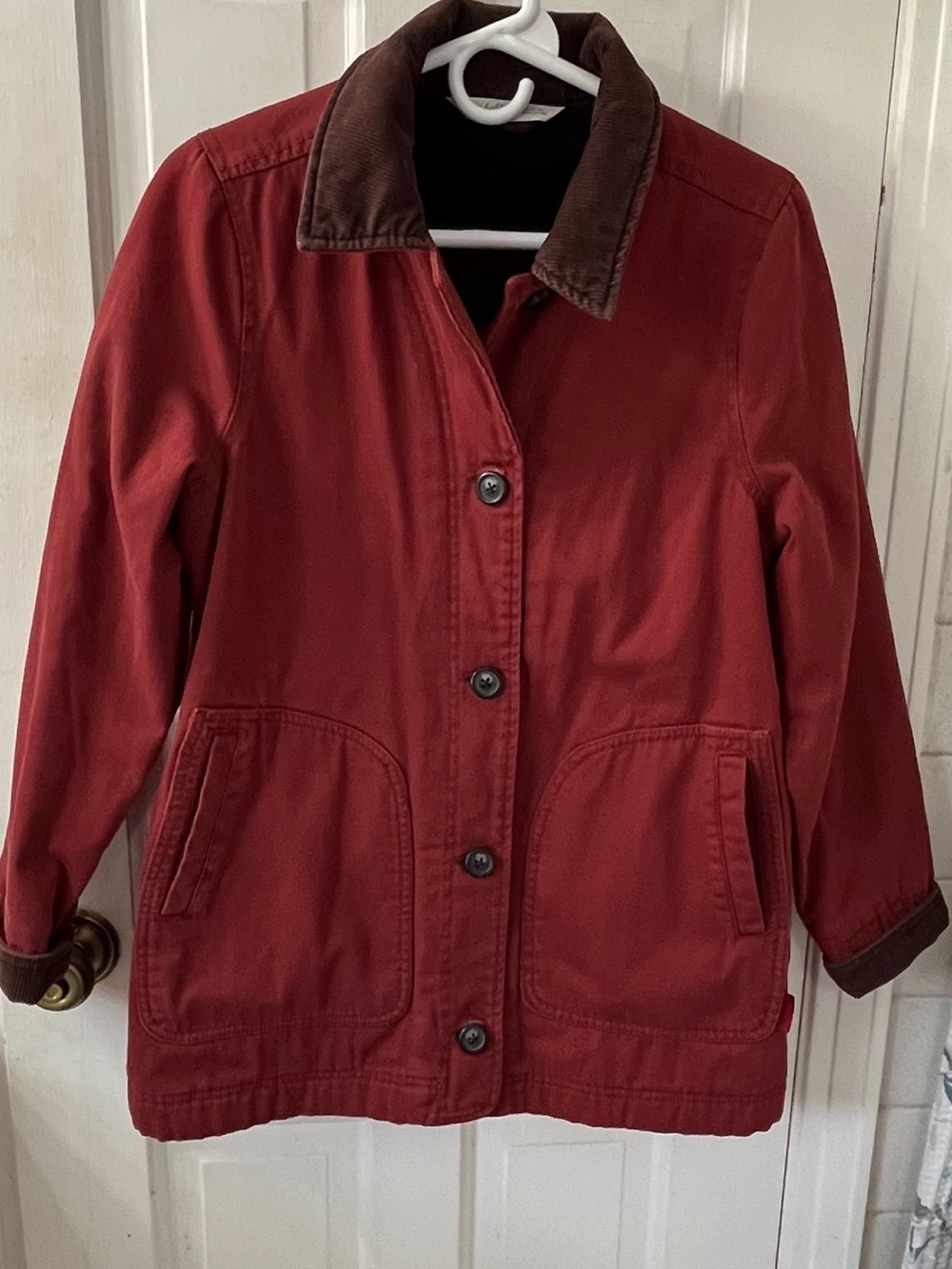Woolrich Dorrington Barn Jacket Red Canvas Corduroy Collar Women’s Med Fleece